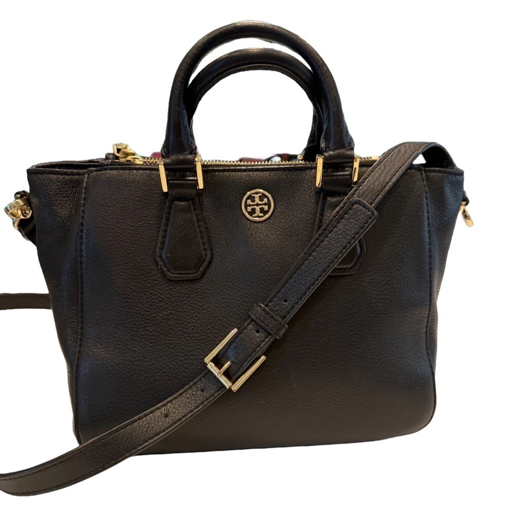 Tory Burch Robinson Black Pebbled Leather Tote Double Zip Handbag/crossbody